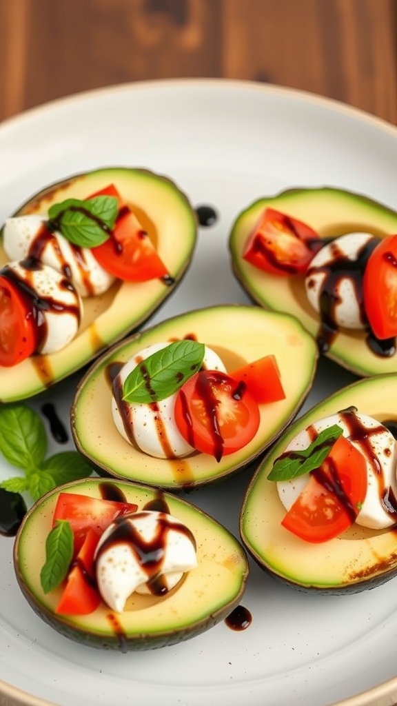 Caprese stuffed avocados with tomatoes, mozzarella, and basil on a plate.