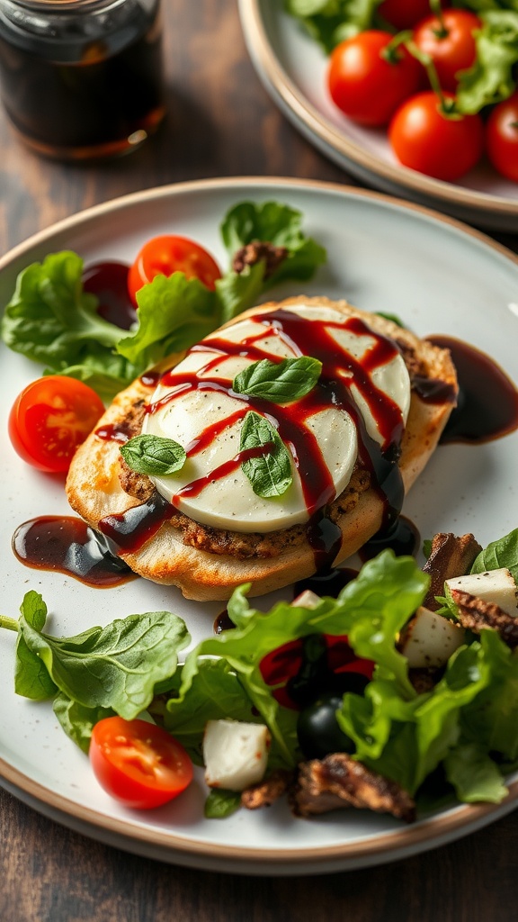 A plated Caprese stuffed chicken breast with salad and balsamic reduction.