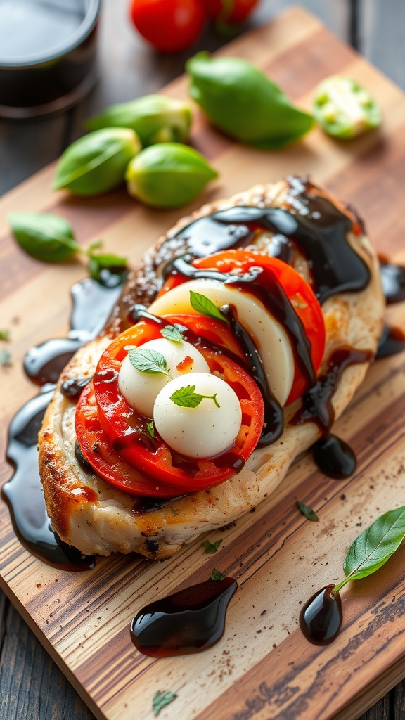 A delicious Caprese stuffed chicken breast topped with mozzarella, tomatoes, and basil, drizzled with balsamic reduction on a wooden cutting board.