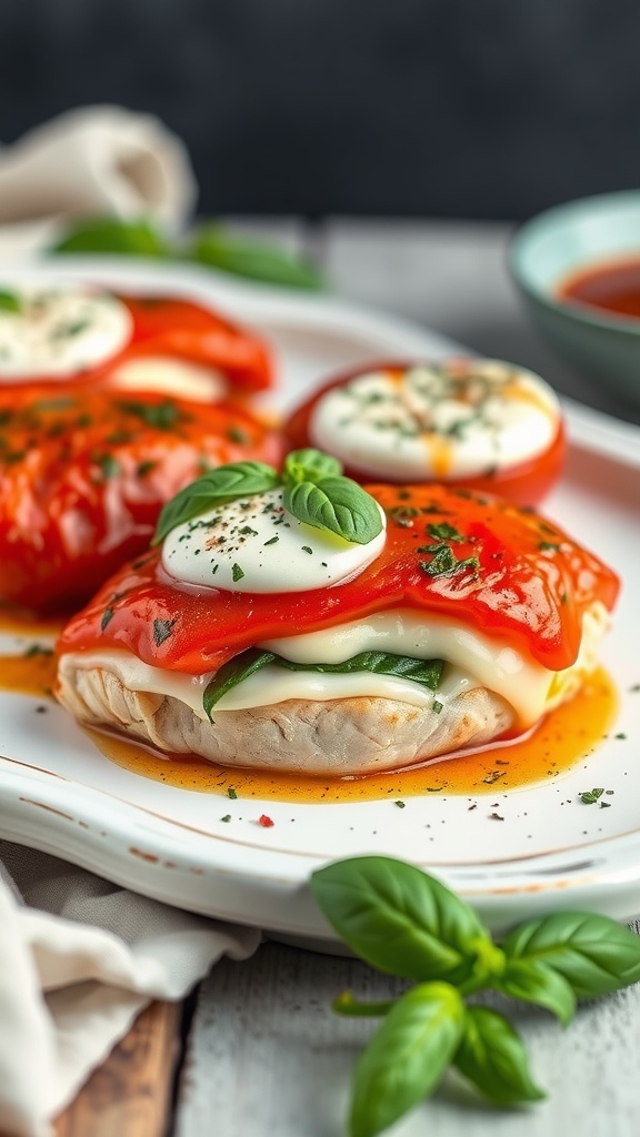 Caprese stuffed chicken breasts with mozzarella, tomatoes, and basil