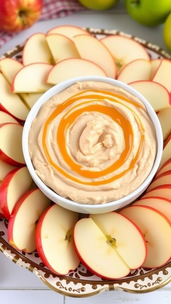 A bowl of caramel apple dip surrounded by sliced apples on a decorative plate.