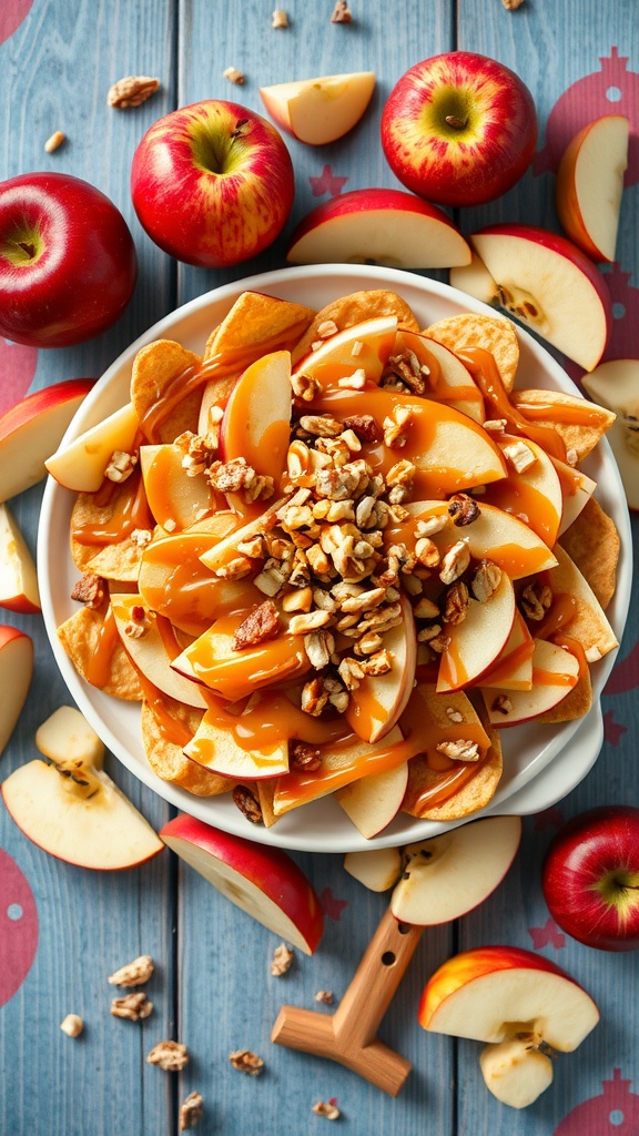 A plate of caramel apple nachos topped with sliced apples, caramel drizzle, and nuts.