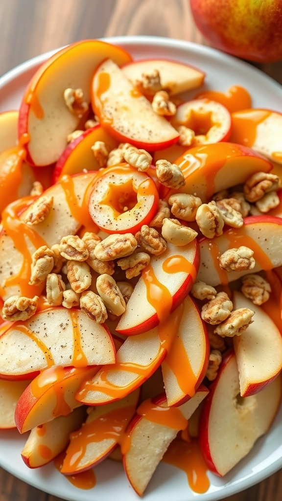 A plate of caramel apple nachos with apple slices, caramel drizzle, and chopped nuts.