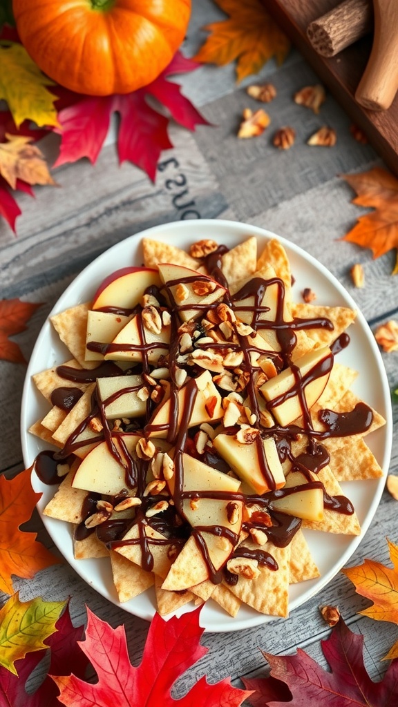 A plate of caramel apple nachos topped with apple slices, nuts, and drizzles of caramel and chocolate sauce.
