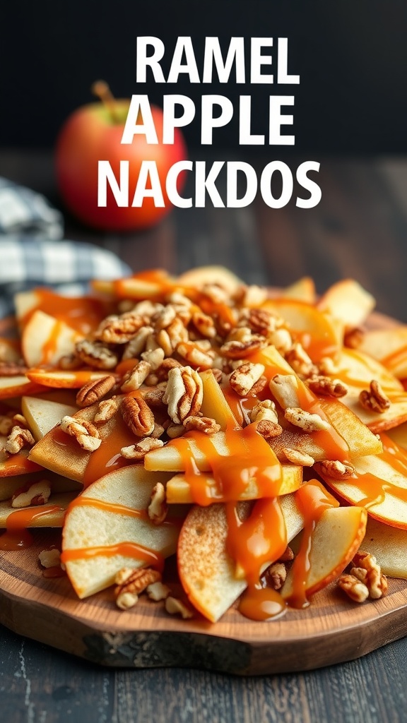 Caramel apple nachos with apple slices, caramel drizzle, and nuts