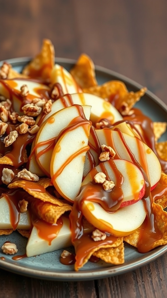 A plate of caramel apple nachos with apple slices, caramel drizzle, and nuts.