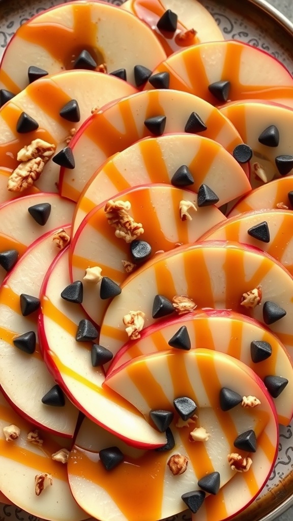 A delicious plate of caramel apple nachos topped with chocolate chips and nuts.