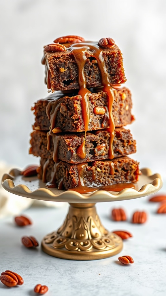 A stack of caramel pecan brownies drizzled with caramel sauce, showcasing a rich and indulgent dessert.
