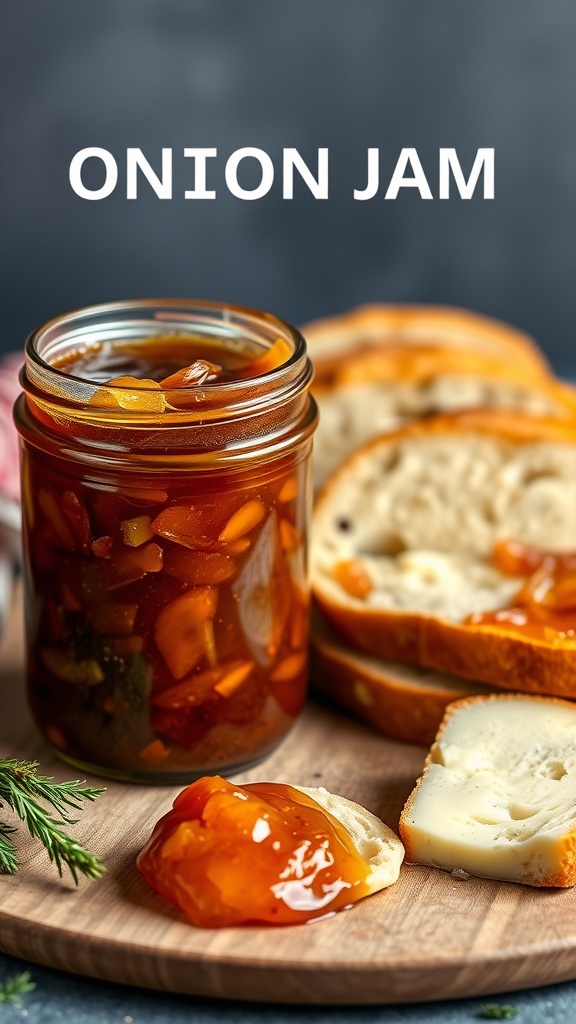 A jar of caramelized onion jam next to slices of bread.
