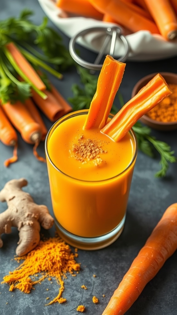 A vibrant orange smoothie made with carrots, ginger, and turmeric.