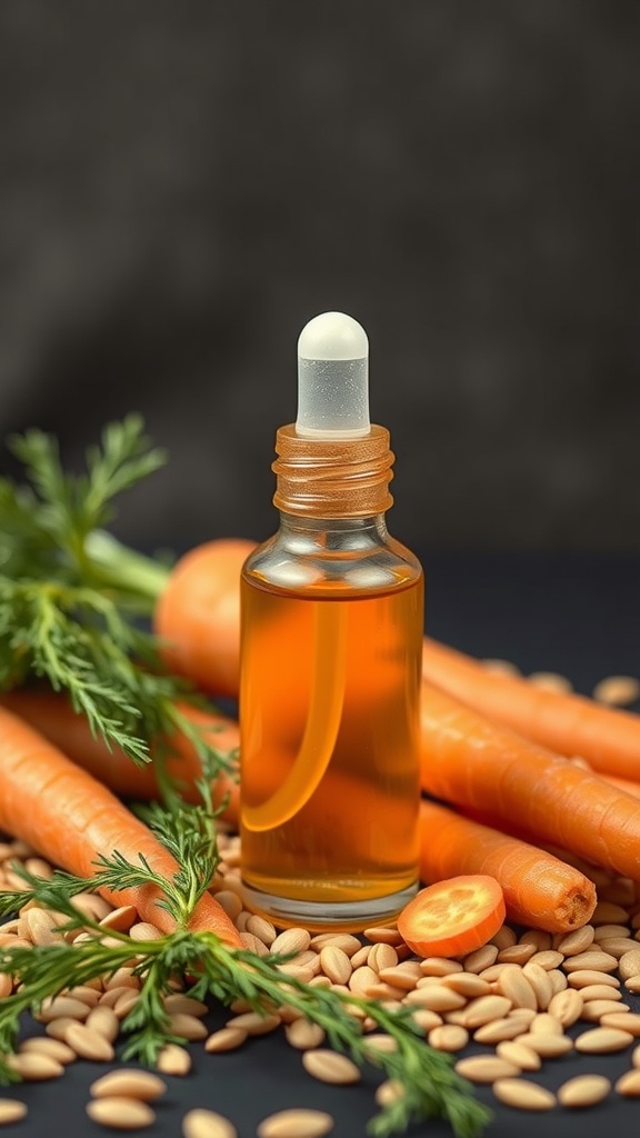 A bottle of carrot seed and jojoba oil serum surrounded by carrots and seeds.