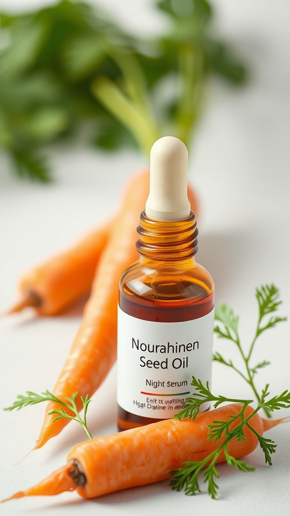 A bottle of carrot seed oil night serum next to fresh carrots and greenery.