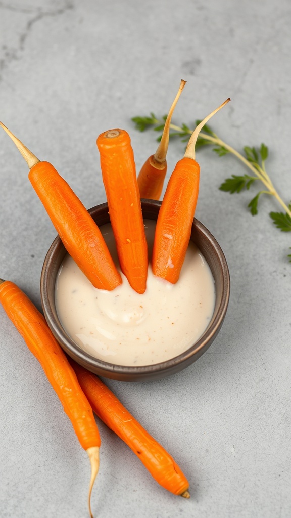 Fresh carrot sticks with a creamy tahini dressing in a bowl