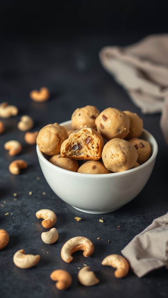 A bowl of cashew cookie dough bites surrounded by cashews on a dark surface.