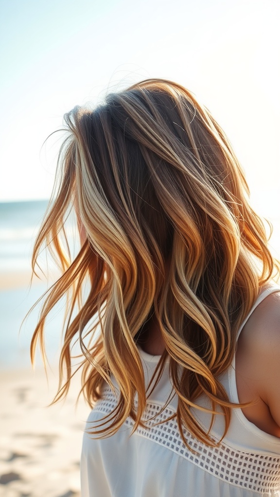 A woman with beach waves and highlights, standing by the shore.