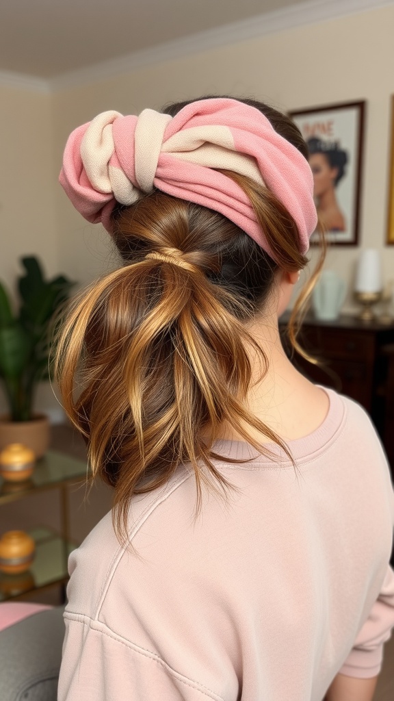A woman with a pink and cream hair wrap tied in a bow, showcasing loose curls in a casual hairstyle.