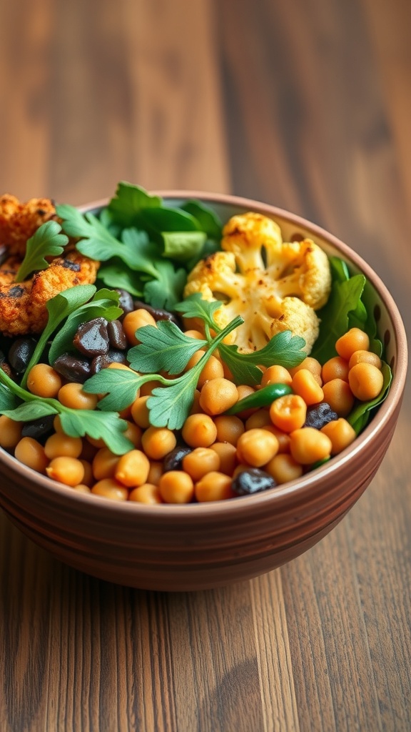 A colorful Buddha bowl featuring roasted cauliflower, chickpeas, and fresh greens.