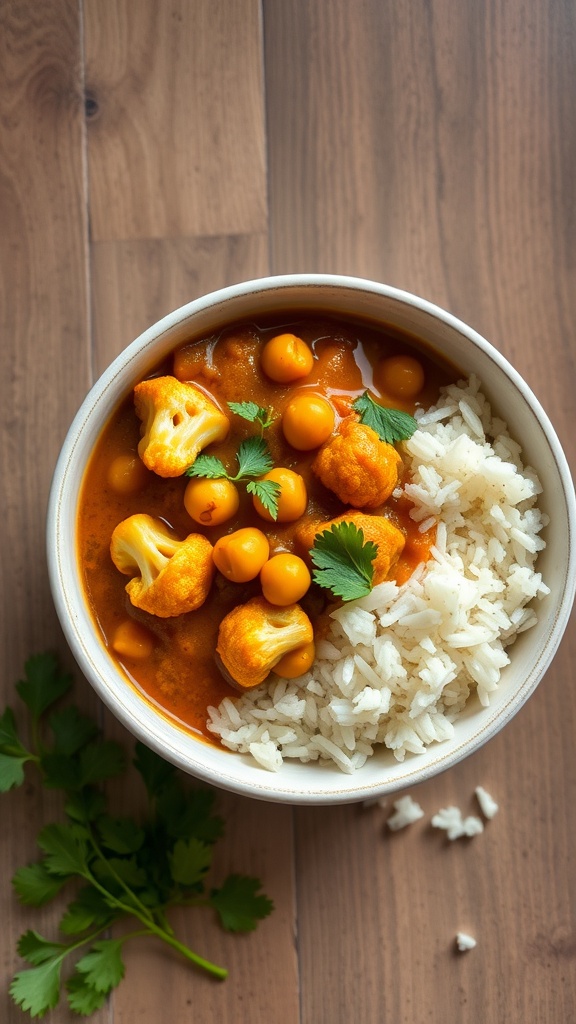 A bowl of cauliflower and chickpea curry served with rice, garnished with cilantro.
