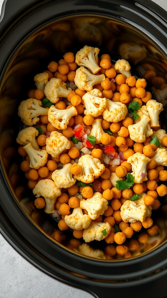 A slow cooker filled with cauliflower florets and chickpeas, ready to be made into tacos.