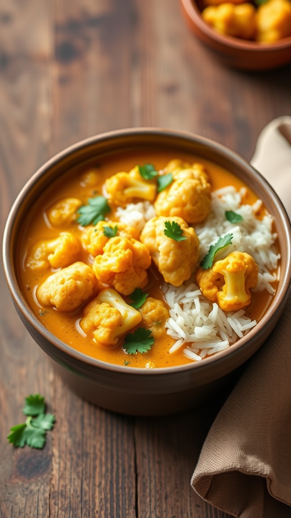 A bowl of cauliflower curry with coconut milk served over rice, garnished with cilantro.