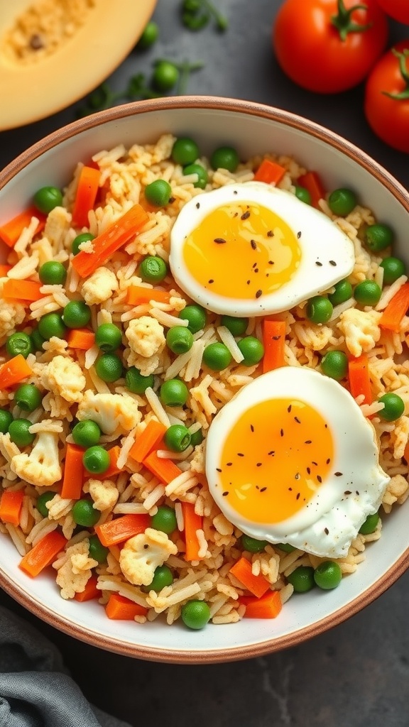 A bowl of cauliflower fried rice topped with a soft boiled egg and colorful vegetables.
