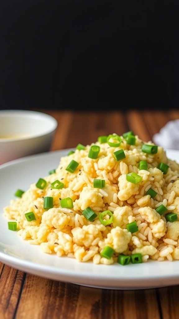 A plate of cauliflower fried rice topped with green onions.
