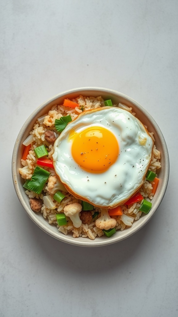 A bowl of cauliflower fried rice topped with a fried egg, colorful vegetables, and green onions.