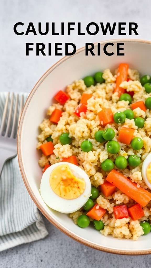 A bowl of cauliflower fried rice with vegetables and boiled eggs
