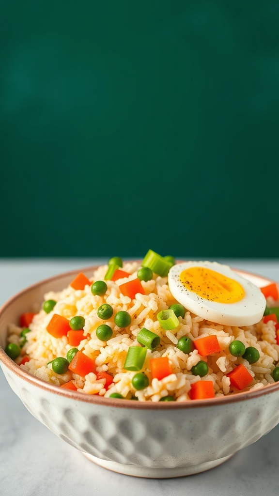 A bowl of cauliflower fried rice with green peas, diced carrots, and a soft-boiled egg on top.