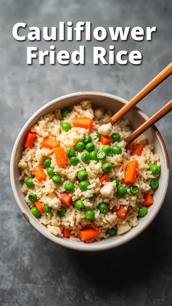 A bowl of Cauliflower Fried Rice with peas and carrots, served with chopsticks.