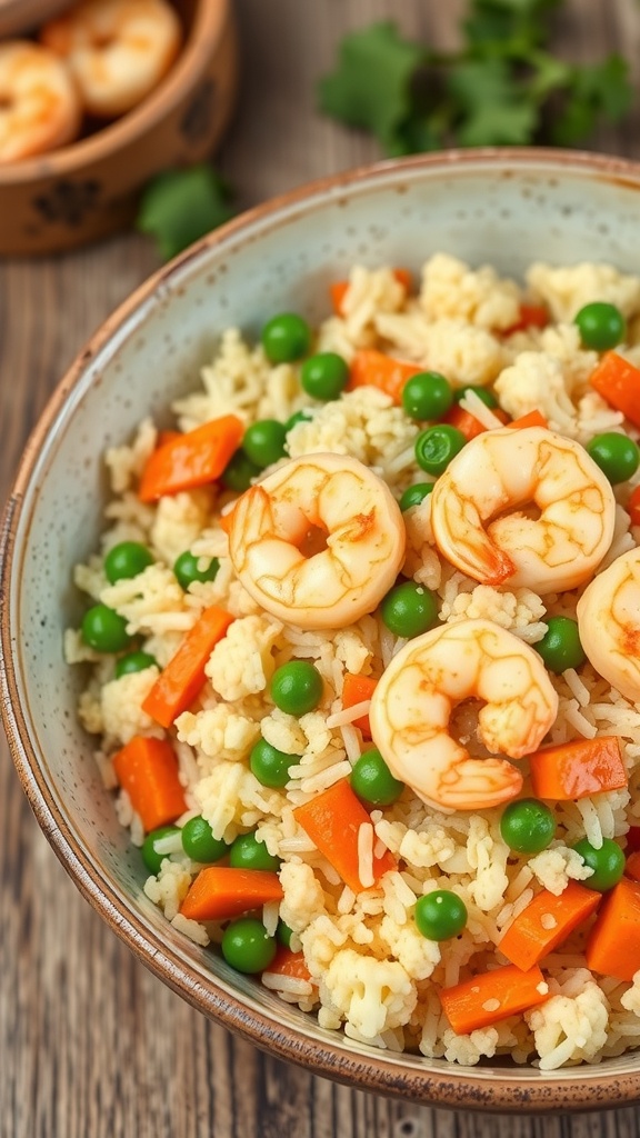 A bowl of cauliflower fried rice with shrimp, peas, carrots, and green onions.