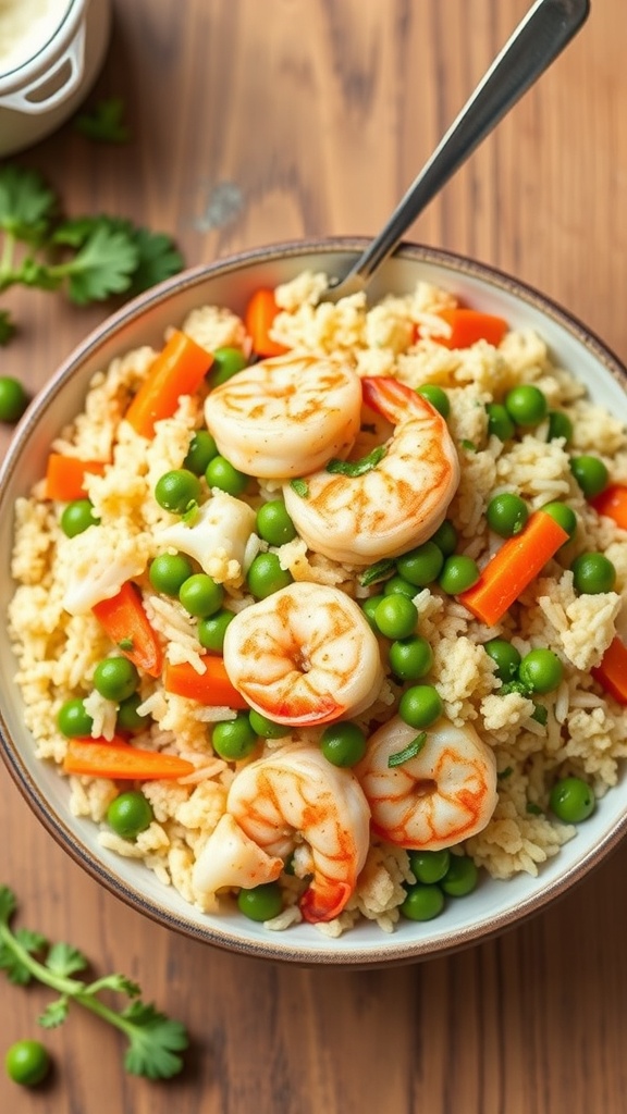 A bowl of cauliflower fried rice with shrimp, peas, and carrots.