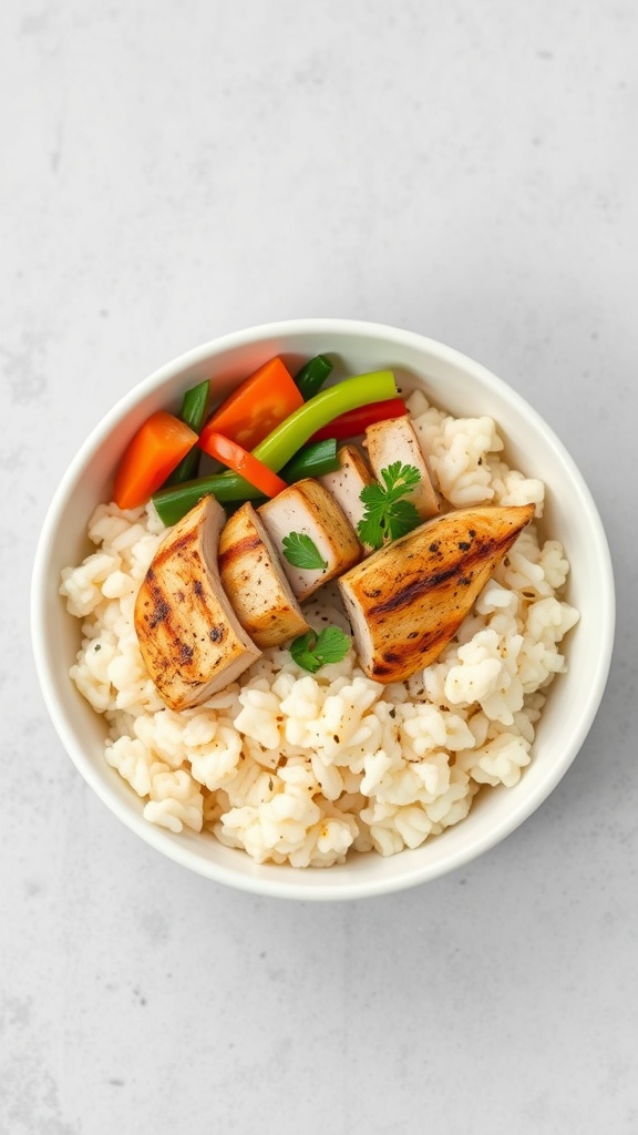 A bowl of cauliflower rice topped with grilled chicken and fresh vegetables.