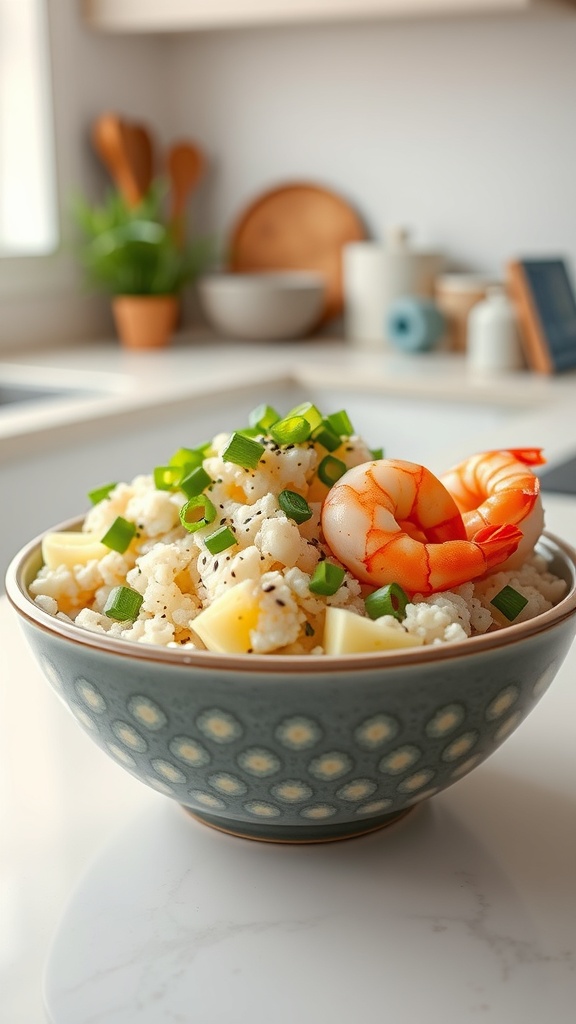 A delicious cauliflower rice and shrimp bowl topped with green onions, served in a decorative bowl.