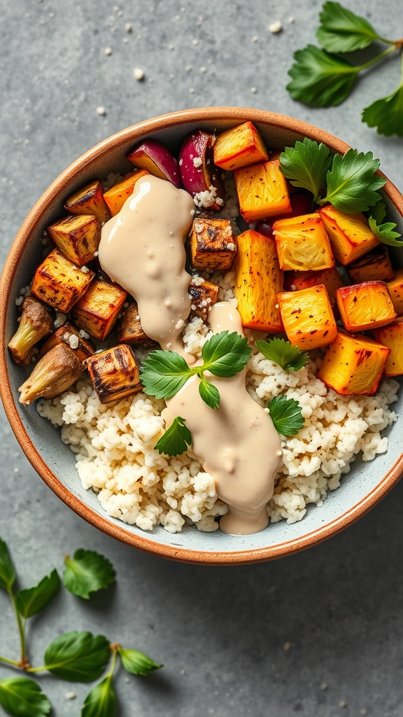 A colorful Buddha bowl featuring cauliflower rice, roasted sweet potatoes, red onions, and tahini sauce.