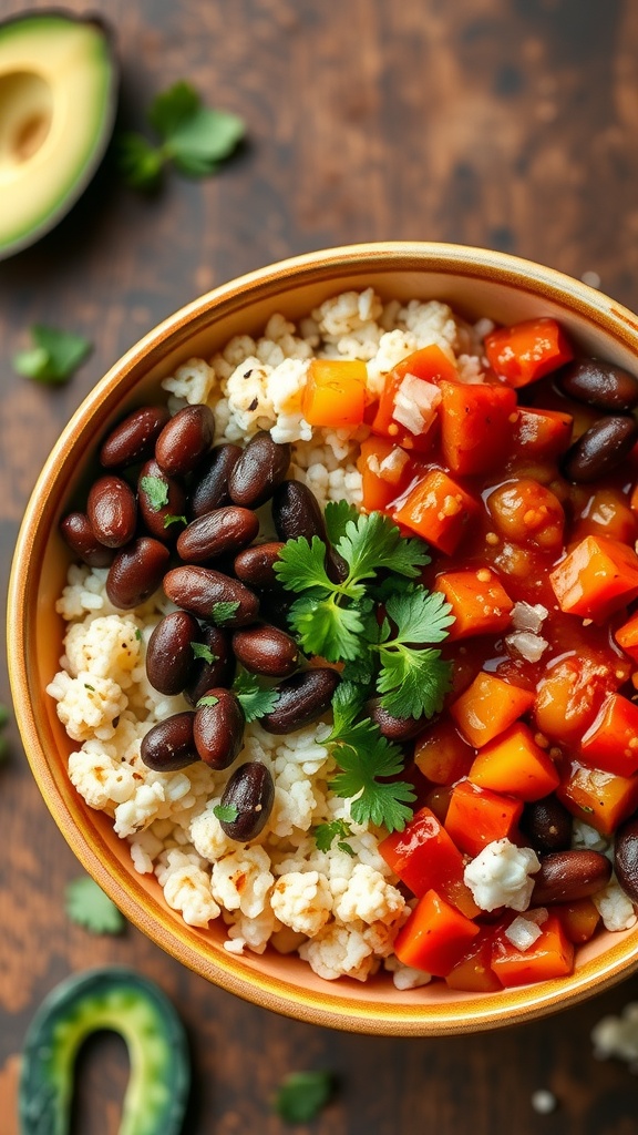 A vibrant and healthy cauliflower rice burrito bowl topped with black beans, corn, diced bell peppers, and fresh cilantro.
