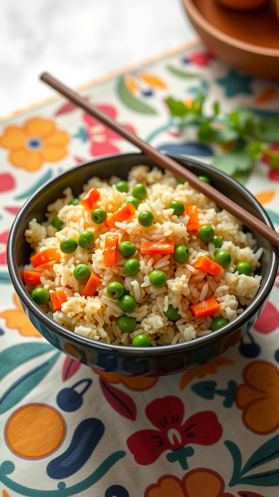 Bowl of cauliflower rice stir-fried with peas and diced bell peppers