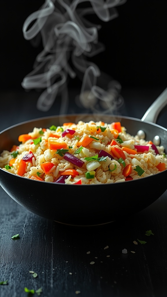 A colorful cauliflower rice stir-fry in a skillet.