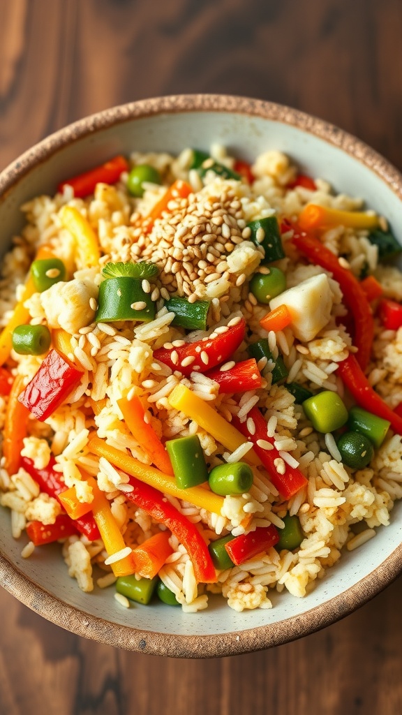 A colorful bowl of cauliflower rice stir-fry with bell peppers, green peas, and sesame seeds.