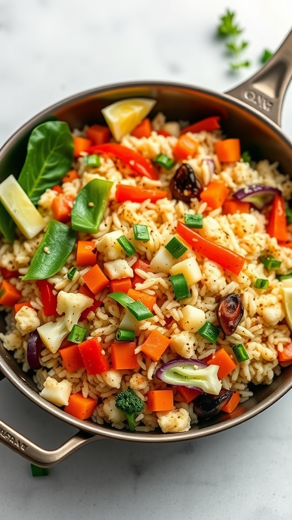 A colorful stir-fry made with cauliflower rice and various vegetables.