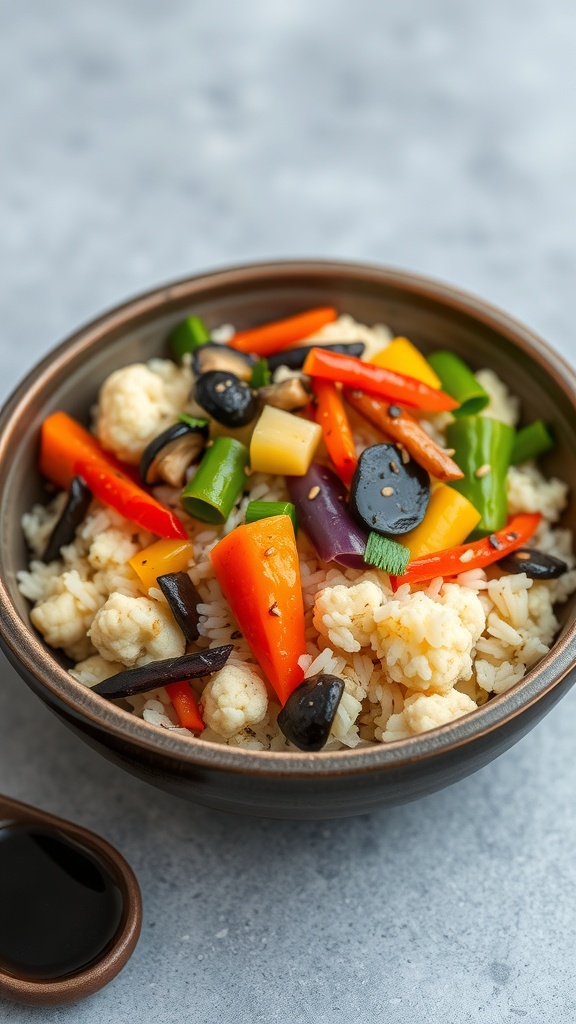 A bowl of colorful cauliflower rice stir-fry with various vegetables.