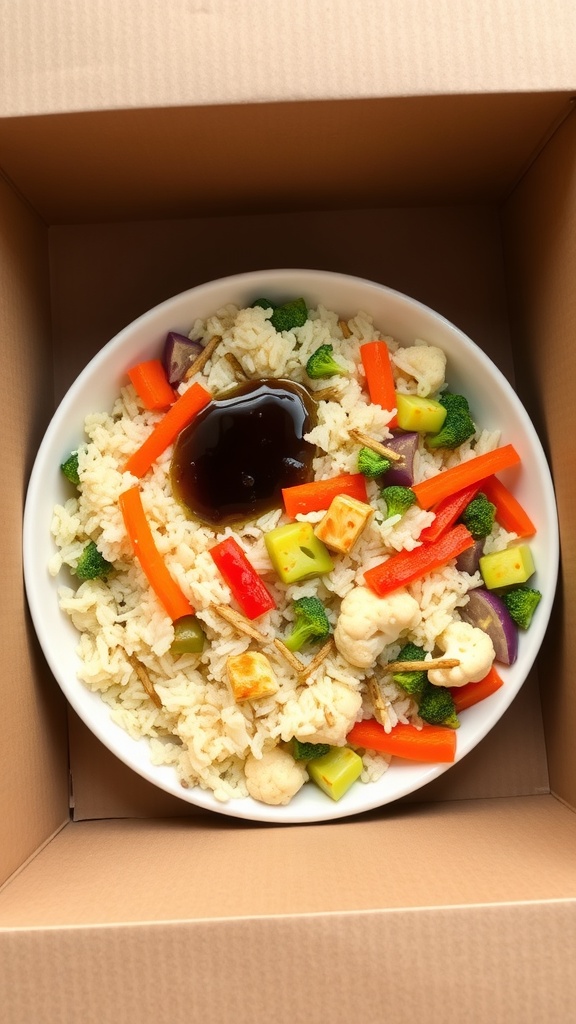 A bowl of colorful cauliflower rice stir-fry with various vegetables and soy sauce.