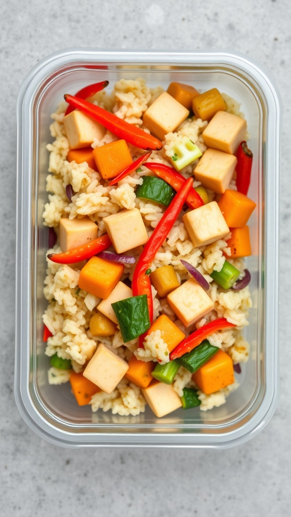 A meal prep container filled with cauliflower rice stir-fry, featuring colorful vegetables and tofu.