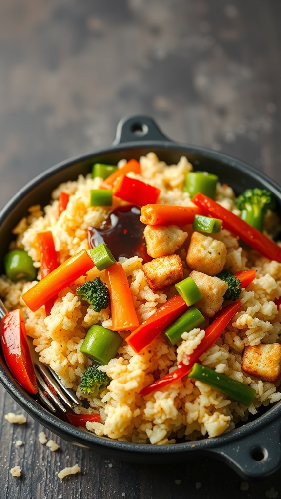 A colorful bowl of cauliflower rice stir-fry with vegetables and tofu.