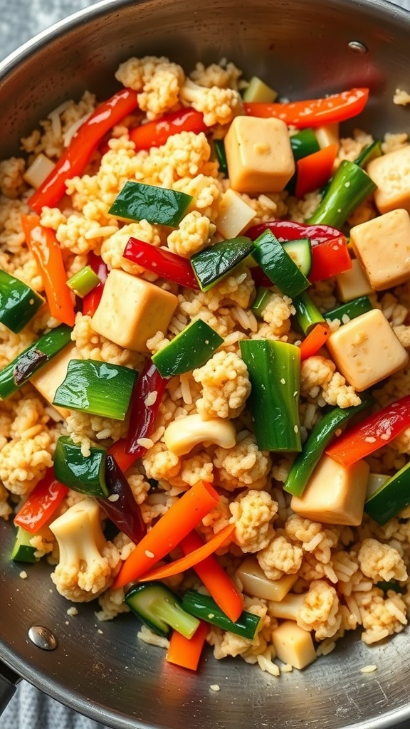 A vibrant cauliflower rice stir-fry with a mix of colorful vegetables and tofu.