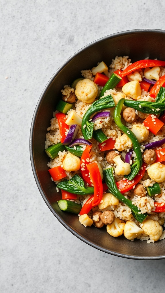 A bowl of cauliflower rice stir-fry with colorful vegetables