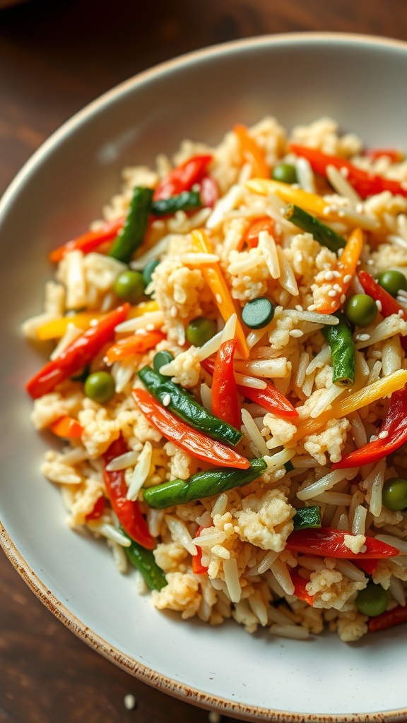 Cauliflower rice stir-fry with colorful vegetables.