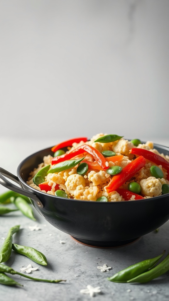 A bowl of colorful cauliflower rice stir-fry with bell peppers and snap peas