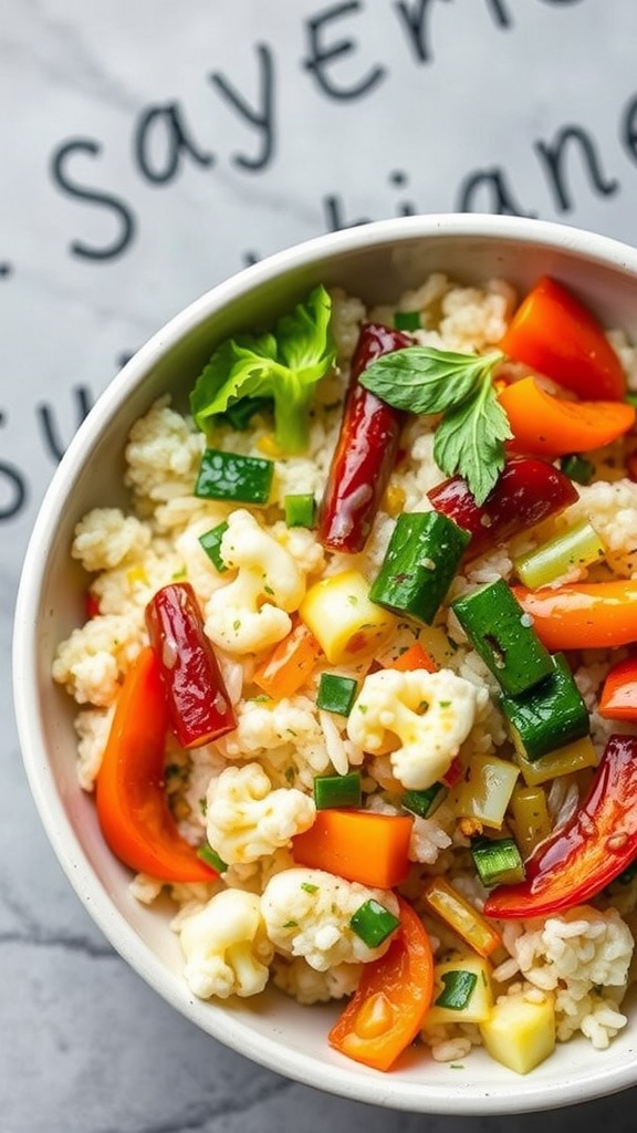 Bowl of cauliflower rice stir-fry with colorful vegetables.