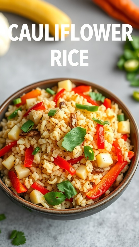 A colorful bowl of cauliflower rice stir-fry with peppers and green onions.